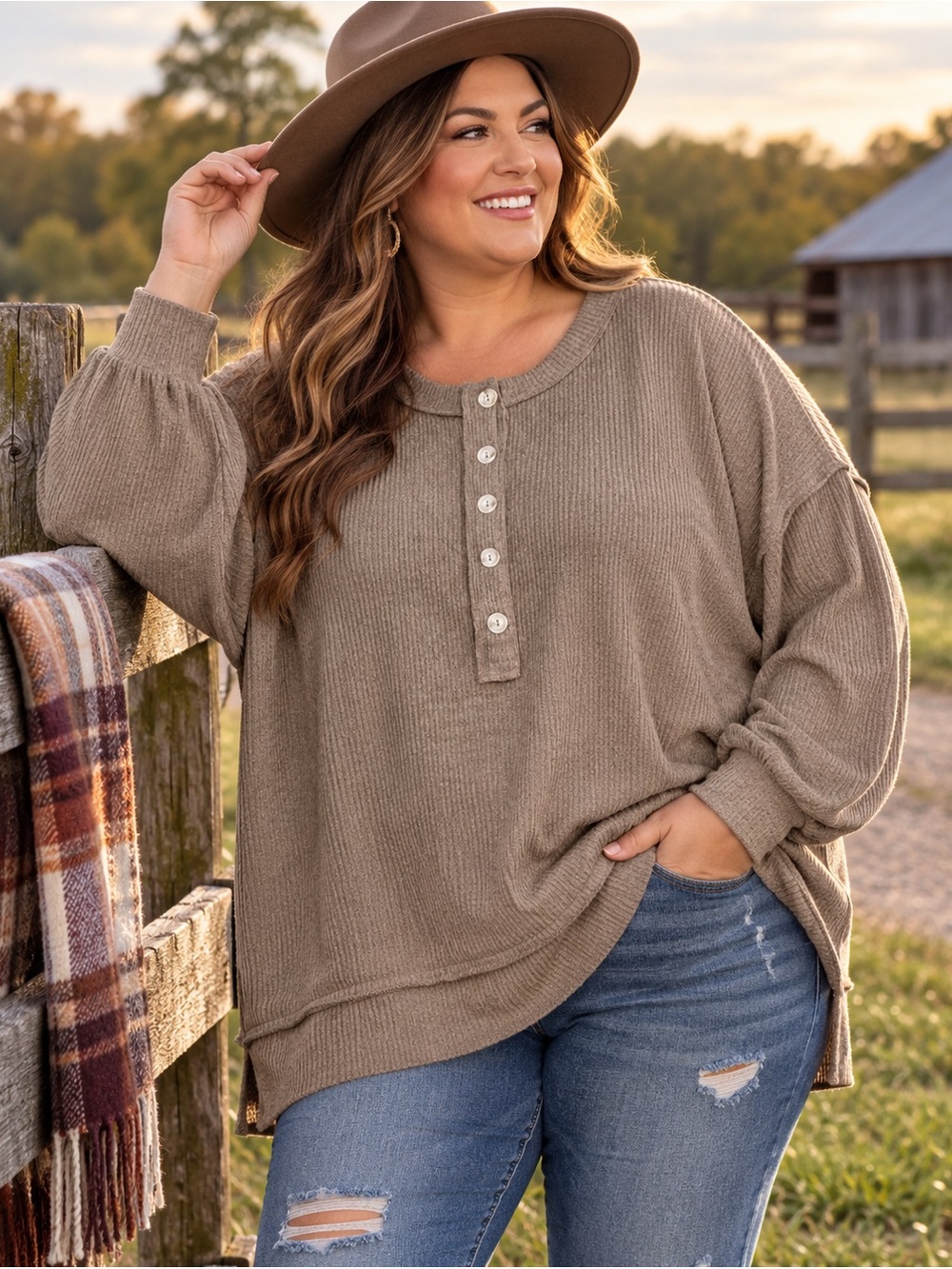 Cozy Henley Knit Top - Taupe